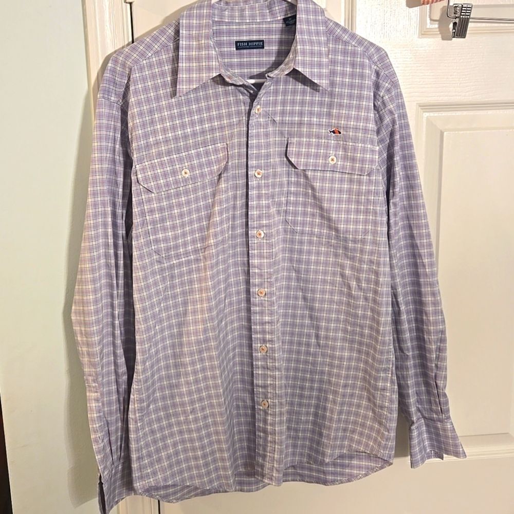 Mens long sleeve fish hippie button down shirt size medium